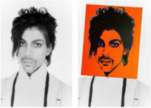 Goldsmith photo of prince juxtaposed with Andy Warhol's silkscreen